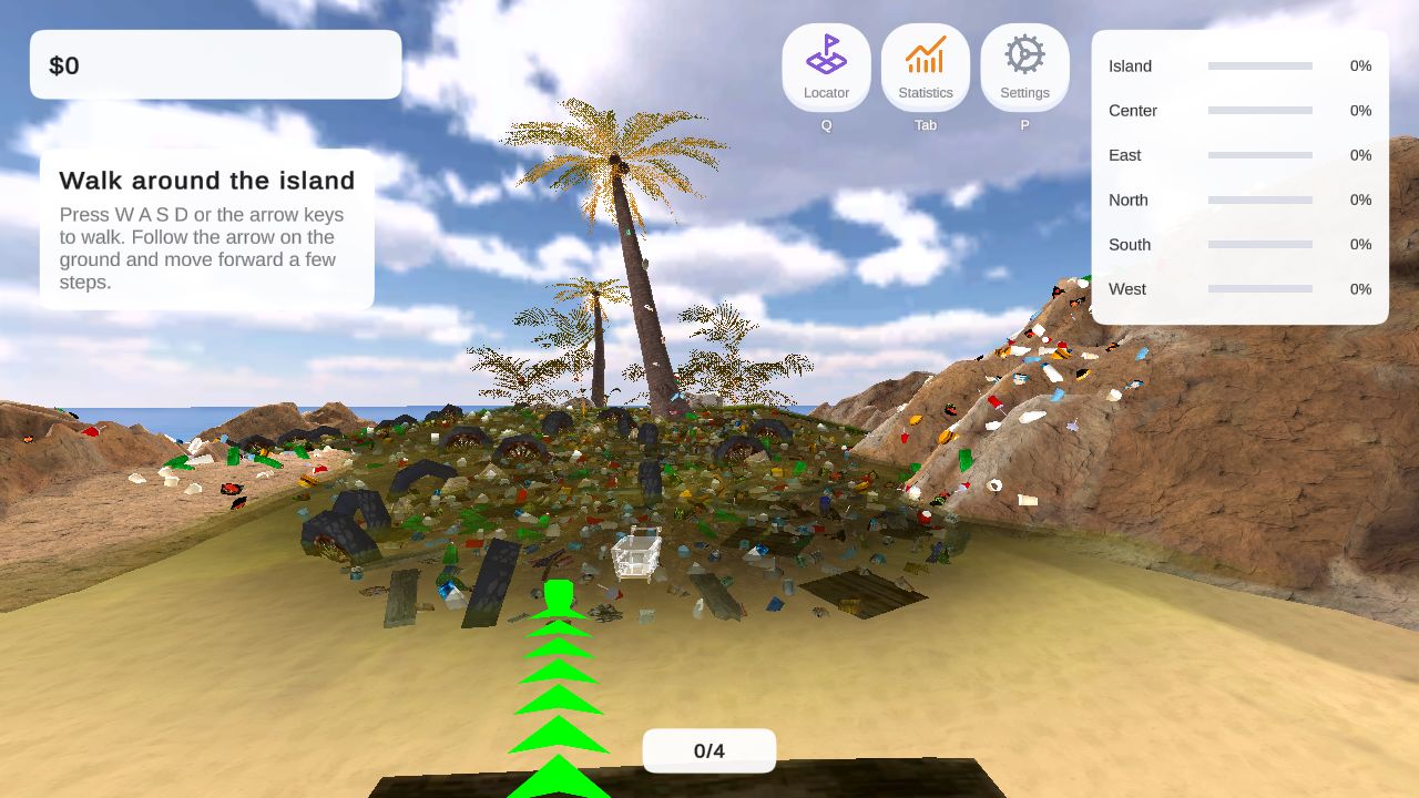 Island Cleaner Simulator tutorial showing a palm-lined island covered in rubbish and a green movement guide
